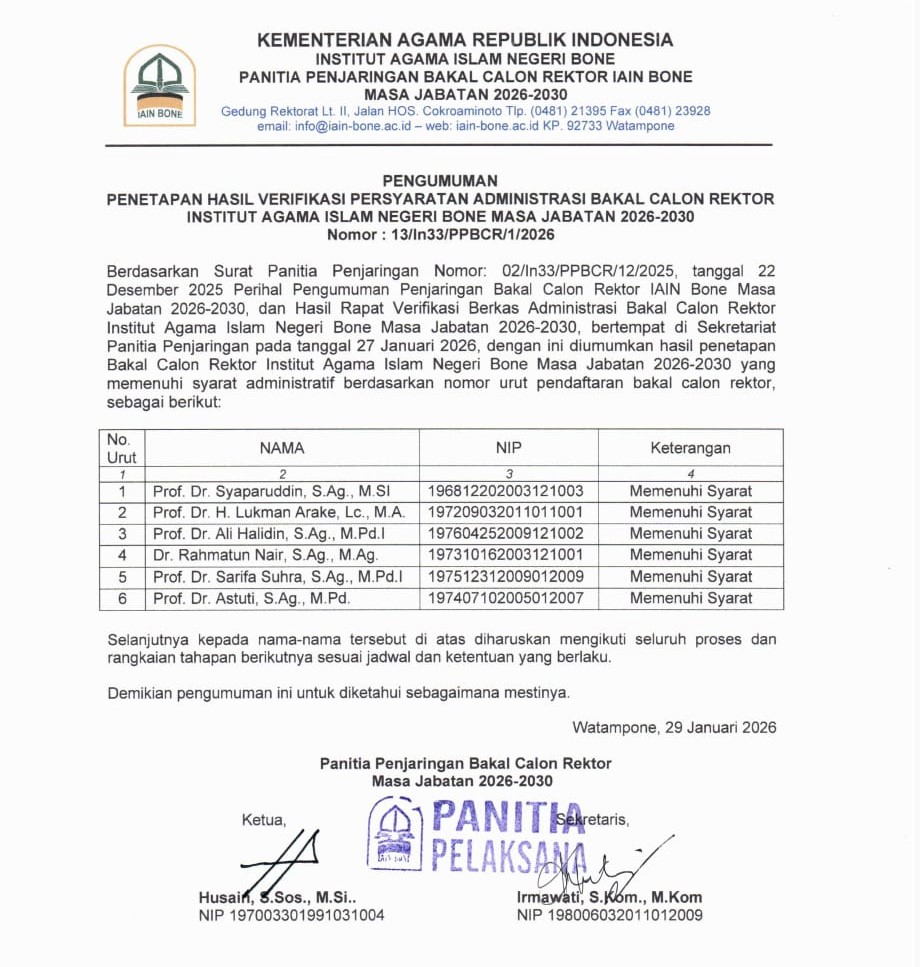 Enam Bakal Calon Rektor IAIN Bone Lolos Verifikasi Administrasi Masa Jabatan 2026–2030
