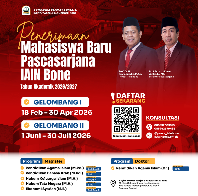 Pascasarjana IAIN Bone Buka PMB 2026/2027 Dua Gelombang, Tersedia Program Magister dan Doktor